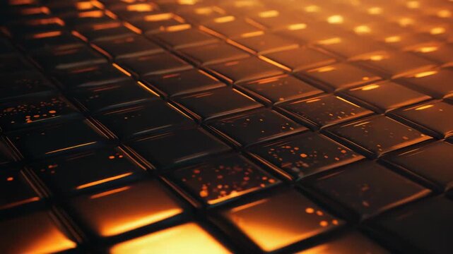 Grid of golden metallic tiles reflecting warm light and creating a futuristic, luxurious, and abstract background showcasing digital pattern and technology concept