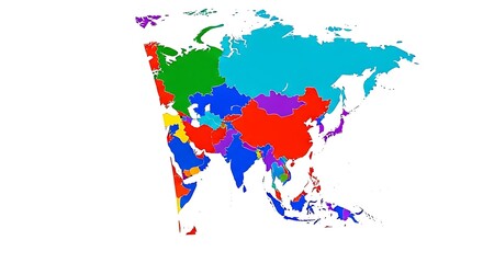 Fototapeta premium Vibrant asia map with colorful countries on white background