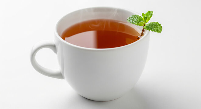 White cup of tea with single fresh mint leaf floating