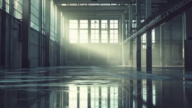 Abandoned industrial warehouse interior featuring large windows, concrete floors reflecting bright sunlight, and tall structural pillars, evoking themes of desolation and renovation