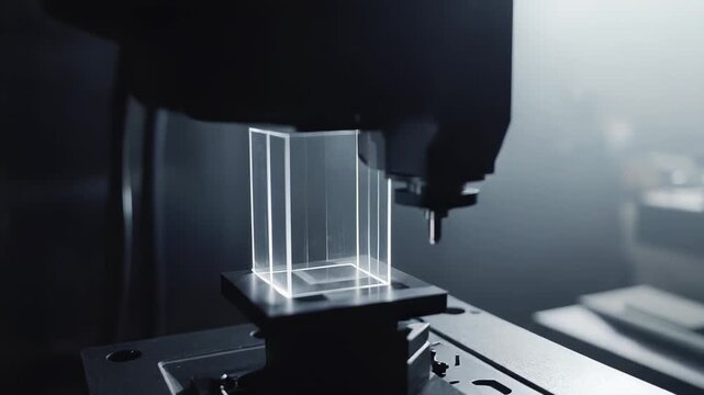 Advanced 3d printinglaser system fabricates a clear rectangular prism on a dark platform in a futuristic lab, evoking precision manufacturing, automation, and innovation