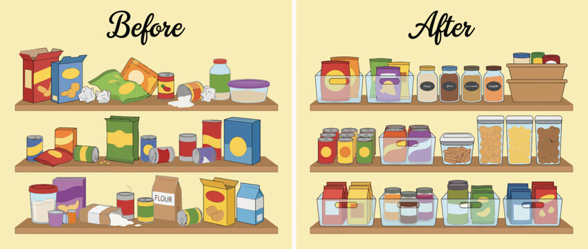 A graphic illustration comparing a cluttered pantry to a neatly organized one, highlighting the importance of organization in maintaining a clean and efficient kitchen space.