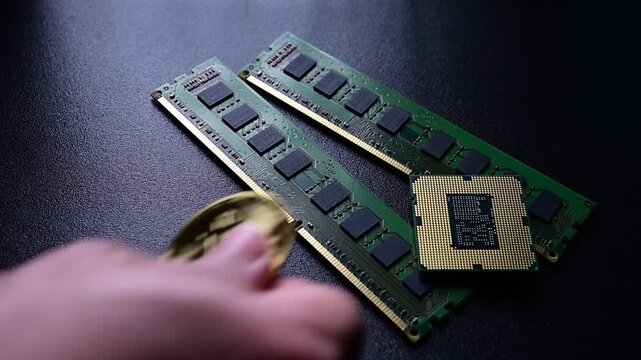 Bitcoin coins placed beside computer hardware representing crypto mining and digital technology