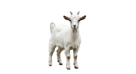 Fototapeta premium Standing white goat with small horns and alert expression