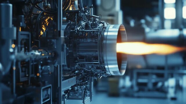 Complex jet engine with exposed turbine and exhaust nozzle blasting bright orange flame during high power performance testing in an industrial aerospace facility