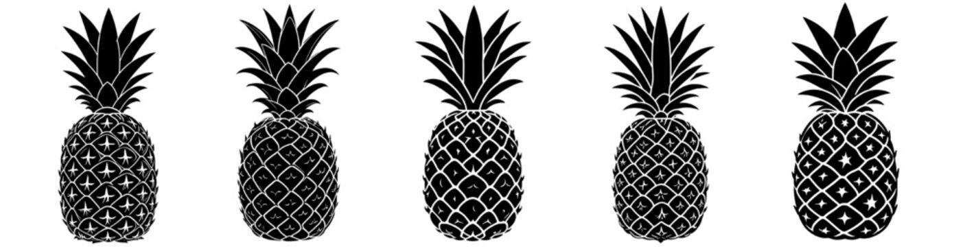 black pineapple icons set with decorative pattern variations tropical fruit illustration collection monochrome design elements isolated on white background