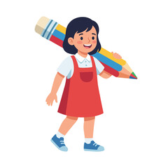 Fototapeta premium A cheerful young girl joyfully carrying a oversized colorful crayon in a bright outfit, embodying creativity, imagination, and the joy of childhood education in a whimsical way.
