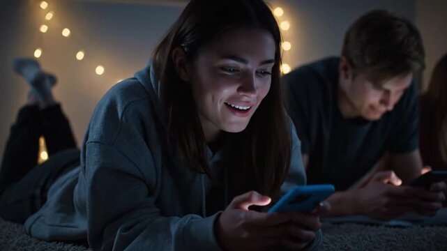 Young Woman Smiling While Using Smartphone Lying on Floor at Night with Friends in Darkened Room with String Lights