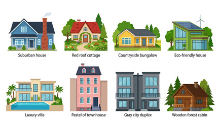 Fototapeta premium Various vector houses and dwellings in different architectural styles are shown.