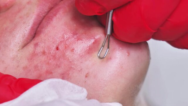 Beautician Treating Severe Chin Acne with Metal Spoon Extractor