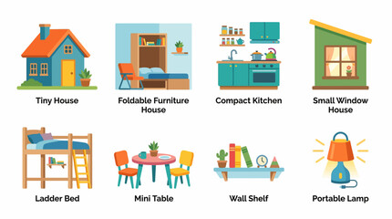 Naklejka premium Vector illustration of a compact tiny house interior with foldable furniture and miniature decor