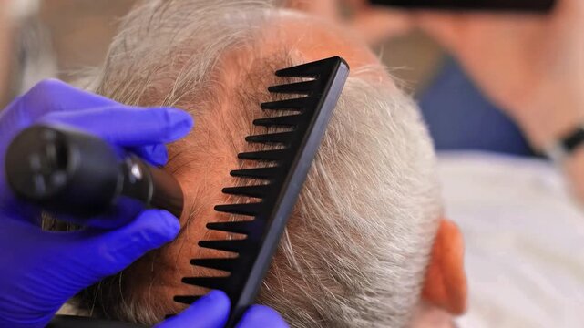 Trichologist Examining Gray Bald Man Scalp with Comb and Device