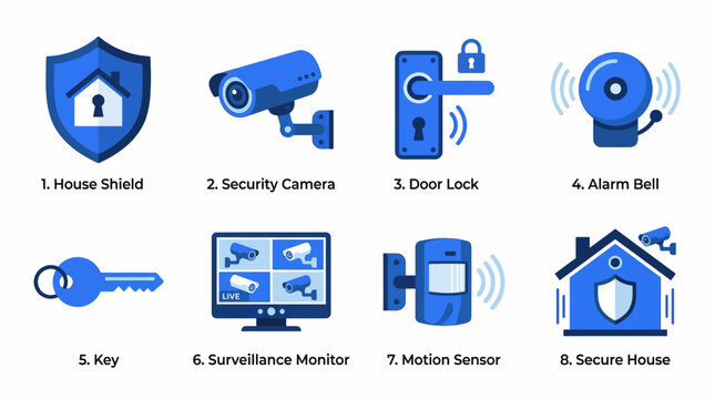 A vector graphic illustrating various home security devices including a shield, camera, door lock, alarm bell, key, monitor, motion sensor, and a secure house.