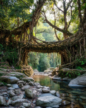 Living root bridge arch over shallow forest stream with stones and canopy light