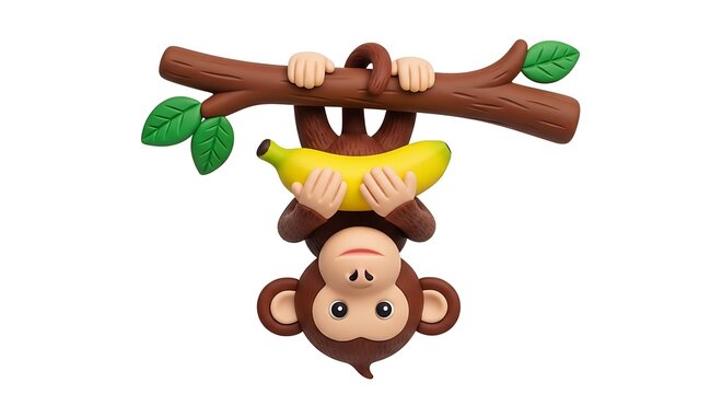 Cartoon monkey hanging from tree branch with banana