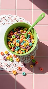 Colorful froot loops in a green bowl on pink tiles
