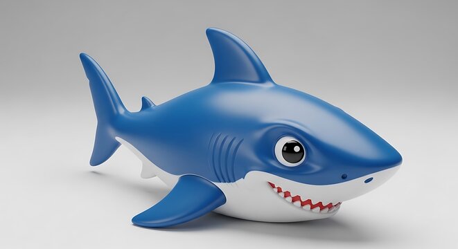 Blue toy shark with red teeth on white background