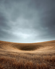 Fototapeta premium Mysterious large circular flattened grass pattern with central hole in open field under cloudy sky