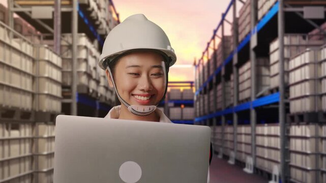 Front View of Asian Female Engineer Use Computer While Walking at Warehouse with Stacked Chemical IBC Containers and Barrels at Sunset
