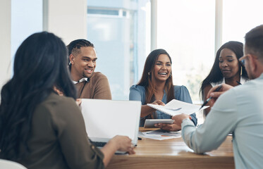 Fototapeta premium People, smile and meeting with document at startup for collaboration, planning and research in office. Group, coworking and advice with proposal, editor and project management at creative agency