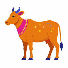 Fototapeta premium Playful Festive Cow Celebration with Decorative Collar and Stars – Cartoon Vector Illustration Viewed from Front Left Side on White Background