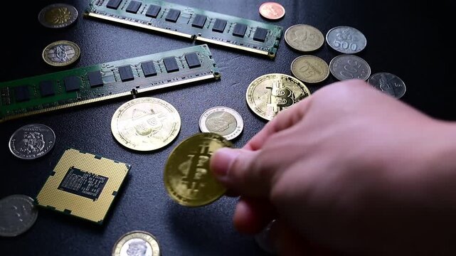 Hand placing bitcoin on tech components and coins representing digital investment and fintech