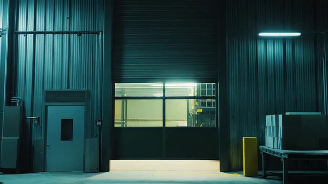 Industrial warehouse interior featuring a closed loading dock, concrete floor, corrugated metal walls, and overhead fluorescent lighting, creating a dark, wide commercial storage facility background