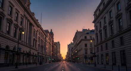Obraz premium Majestic Cityscape at Dusk with Warm Sunset Glow Illuminating Grand Architecture.