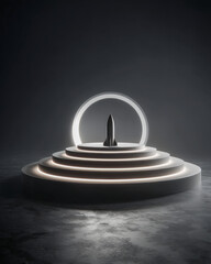 Fototapeta premium Minimal rocket silhouette rising through concentric rings on dark reflective stage