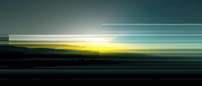 Ultra wide monitor displaying colorful gradient with horizontal glitch and datamoshing effects in dark studio