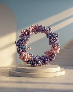 Circular biomolecule sphere sculpture on white pedestal in sleek modern laboratory