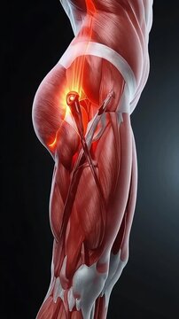 3D medical illustration of sciatic nerve pain in human leg and hip, glowing inflammation from lower back to thigh, detailed muscle anatomy, sciatica concept