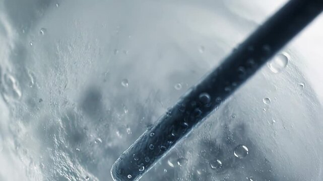 Microscopic rod shaped bacteria or an elongated cellular structure moving within a petri dish, illustrating biological research and scientific experimentation in a medical laboratory