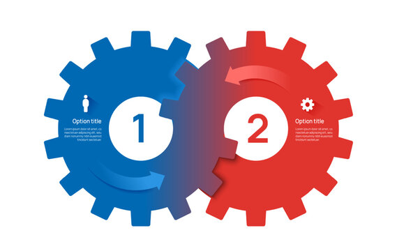 Venn diagram business infographic gear circle chart template 2 options, presentation with icons elements vector illustration.
