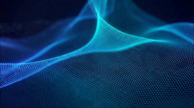 Abstract digital wave network composed of glowing blue and cyan particles on a dark background.