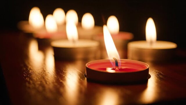 Red tea light candles glowing on dark wooden surface