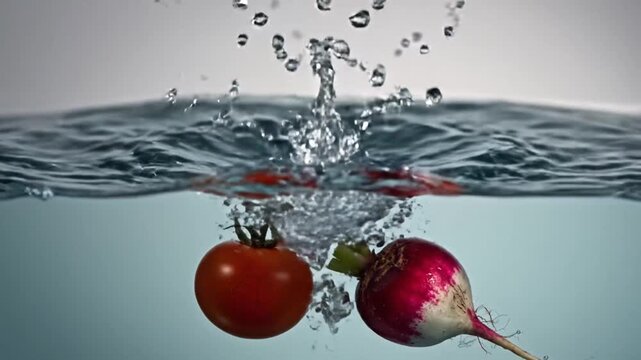 Red tomato and radish partially submerged in clear water