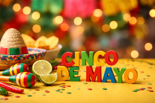Mexican holiday background with Cinco de Mayo text, chili peppers, nachos and party decor.