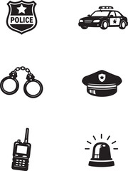Law Enforcement Silhouette Icons – Police Badge, Patrol Car, Handcuffs, Radio, Cap and Siren Black Vector Set © Jeyamohan