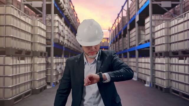Front View of Asian Businessman Walking, Checking Time in Watch at Warehouse with Stacked Chemical IBC Containers and Barrels at Sunset