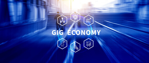 Gig economy, freelance, hybrid workplace concept. combination of employment trend, growing to external hiring. not ai