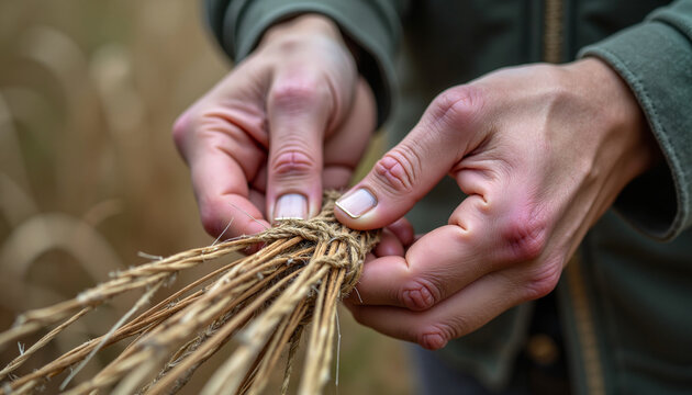 Close-Up of Hands Tying a Natural Fiber Knot in a Bundle of Dried Grass &mdash; Connection, Intention & the Symbol of Binding What Matters, Shared Effort, and the Quiet Power of Deliberate, Meaningful Actio