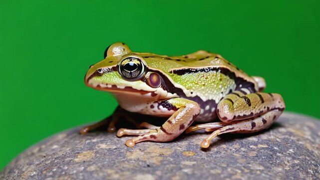 Close-up of a green frog with prominent eyes perched on a grey stone against a vibrant green background