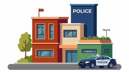 A vibrant illustration of a police station with a patrol car parked outside and lush green trees, representing community safety and reassurance in urban settings with bright colors. © Boren