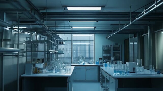 Modern scientific laboratory workspace with benches and assorted empty and liquid filled beakers, test tubes, flasks and glassware for medical, biotech and chemistry research