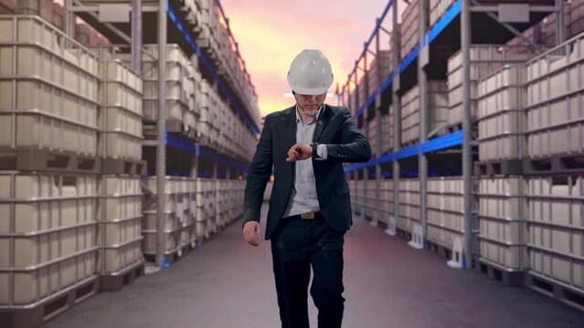 Front View of Asian Businessman Walking, Checking Time in Watch at Warehouse with Stacked Chemical IBC Containers and Barrels at Sunset