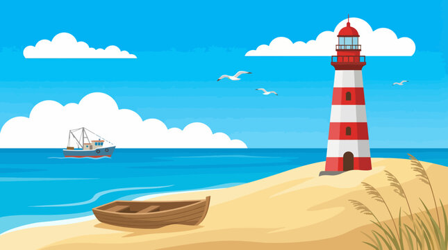 A serene coastal scene showcasing a red and white striped lighthouse beside a calm beach with a boat in the distance, evoking peace and nautical beauty.