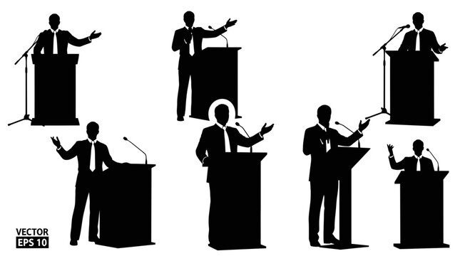 Set of Silhouettes of Speakers at Lecterns