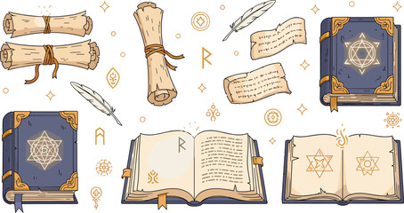 Magic spell book and scroll set with ancient manuscript feather quill runes fantasy wizard vector illustration collection © MSTNAJMA