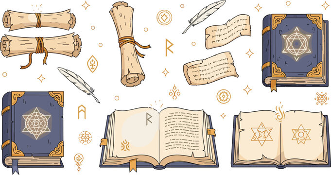 Magic spell book and scroll set with ancient manuscript feather quill runes fantasy wizard vector illustration collection